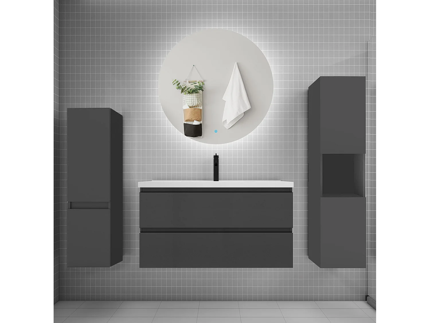 Ensemble meuble vasque L.100cm 2 tiroirs + lavabo + colonne + miroir rond mural 100cm,anthracite