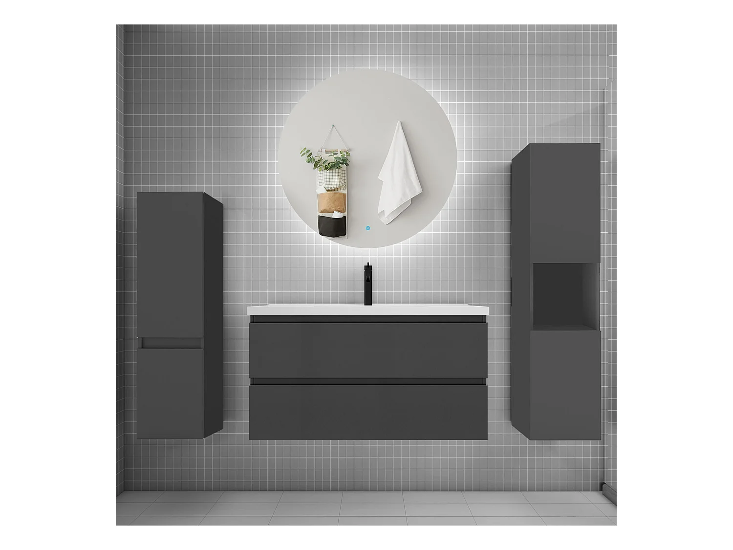 Ensemble meuble vasque L.100cm 2 tiroirs + lavabo + colonne + miroir rond mural 100cm,anthracite