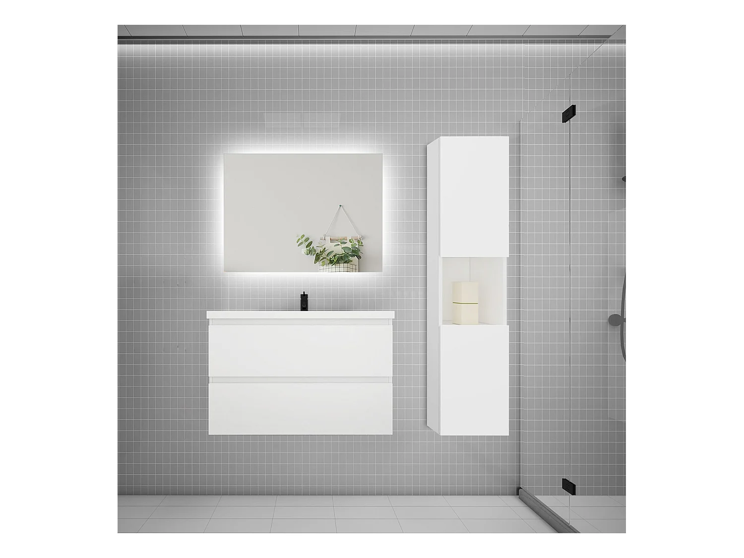 Ensemble meuble vasque 80cm 2 tiroirs + lavabo + colonne + miroir,blanc