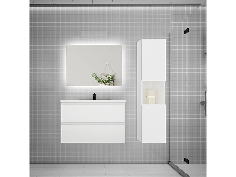 Ensemble meuble vasque 80cm 2 tiroirs + lavabo + colonne + miroir,blanc