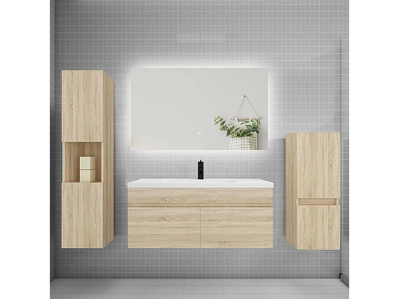 Ensemble meuble vasque L.100cm lavabo + colonne + miroir,chêne