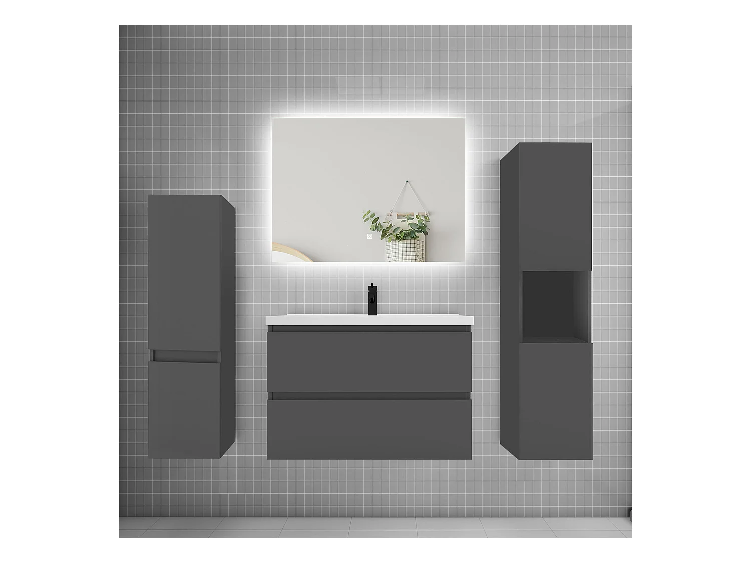 Ensemble meuble vasque L.80cm 2 tiroirs + lavabo + colonne + miroir mural 80cm,anthracite