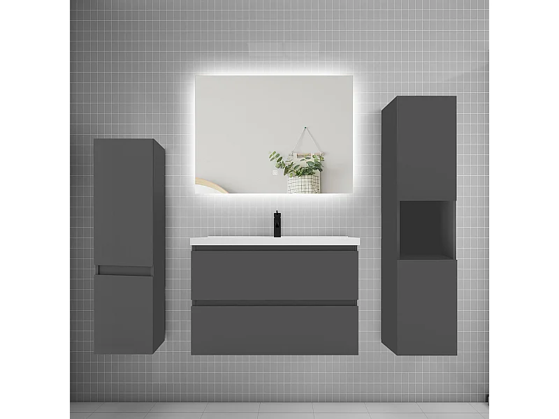 Ensemble meuble vasque L.80cm 2 tiroirs + lavabo + colonne + miroir mural 80cm,anthracite