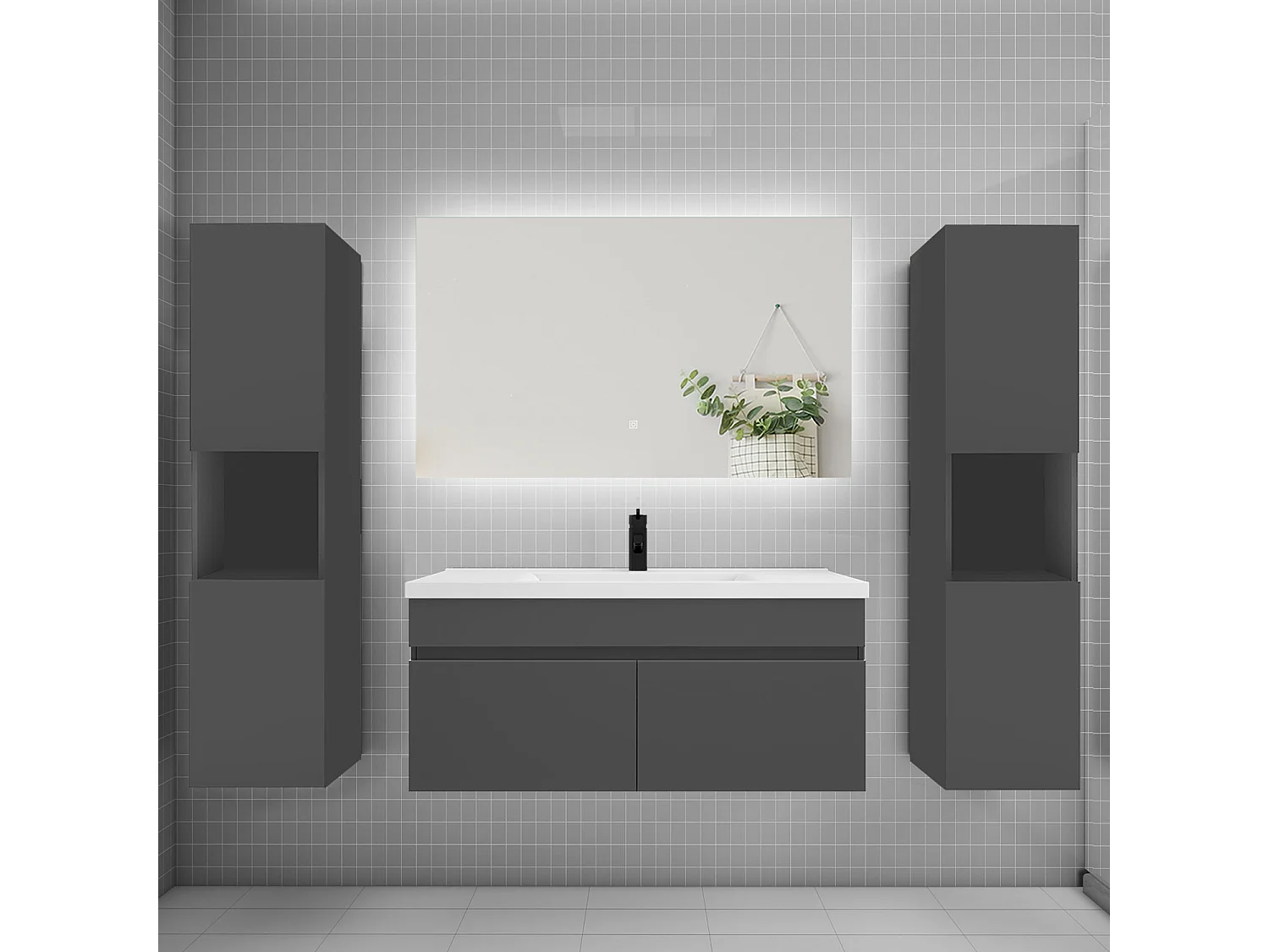 Ensemble meuble vasque L.100cm lavabo + colonne + LED miroir 100cm,anthracite