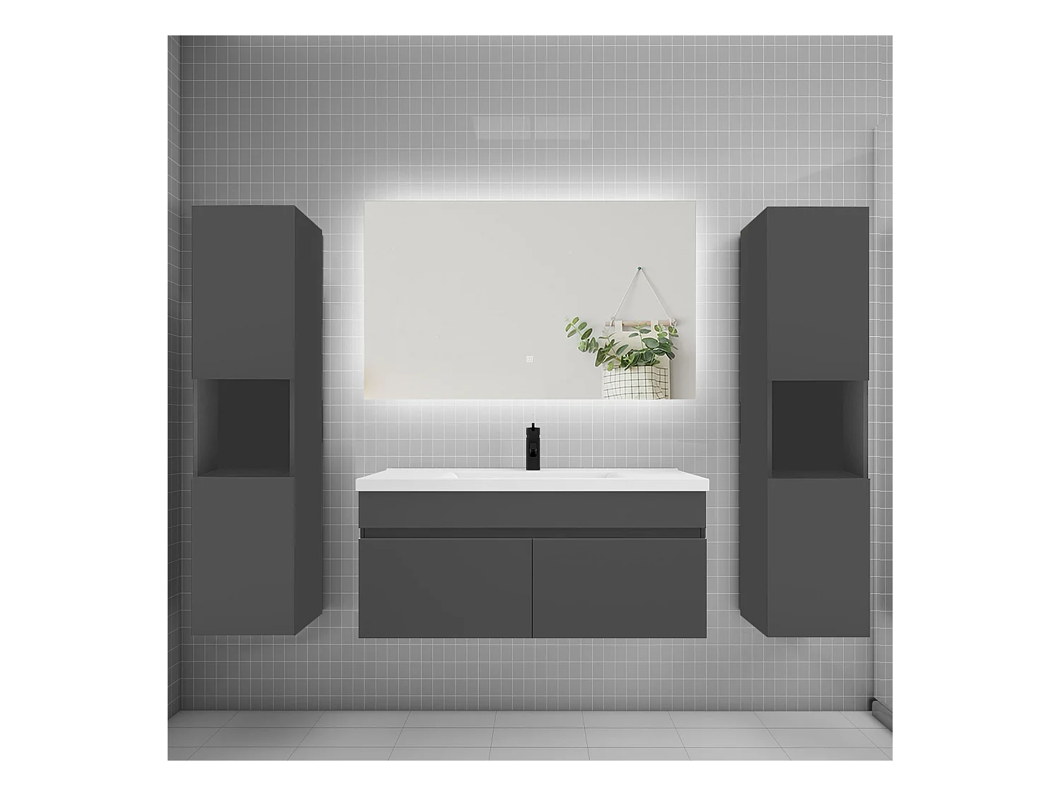 Ensemble meuble vasque L.100cm lavabo + colonne + LED miroir 100cm,anthracite