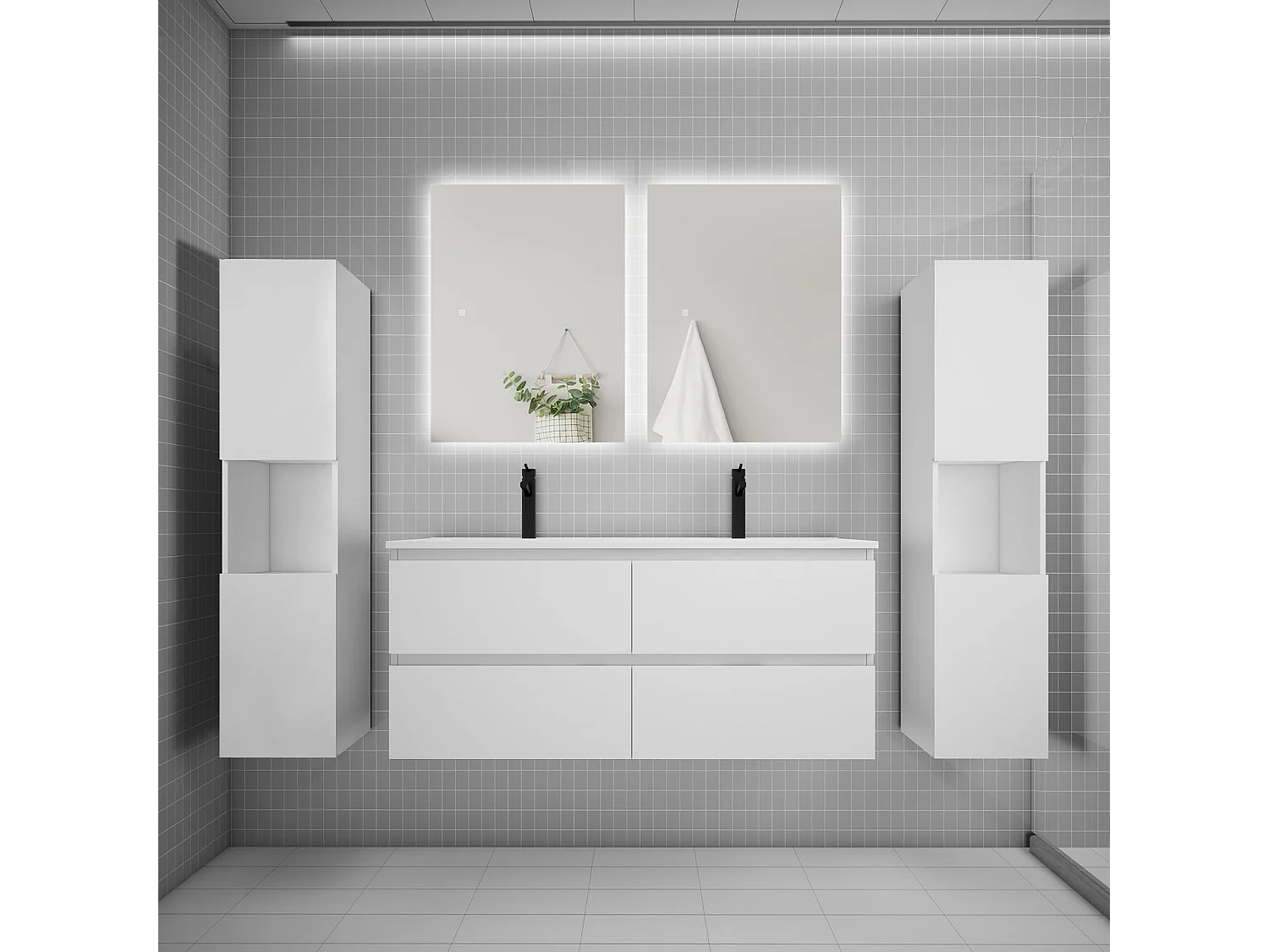 Ensemble meuble vasque L.120cm 2 tiroirs + lavabo + colonne + LED miroir 60cm,blanc