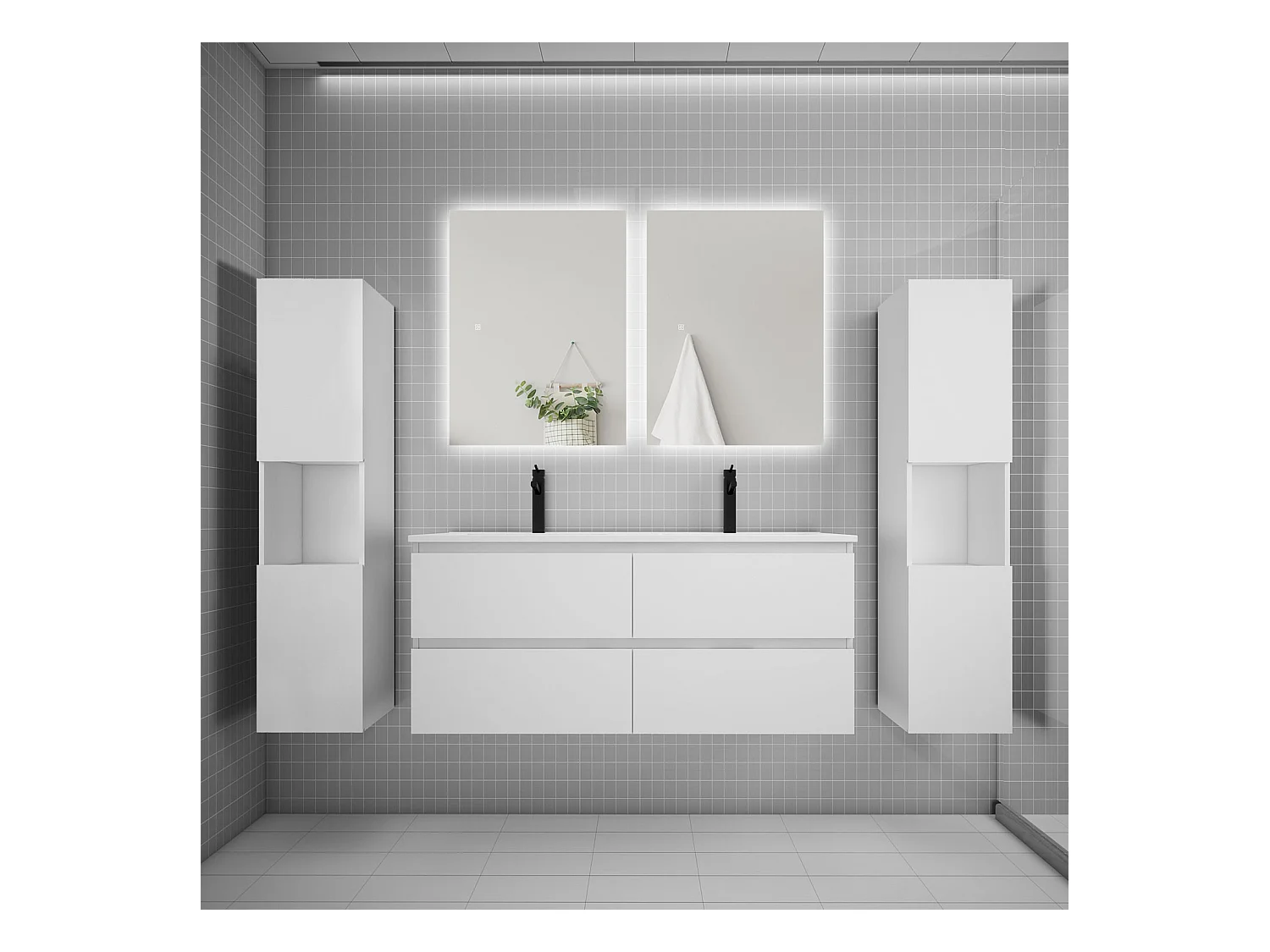 Ensemble meuble vasque L.120cm 2 tiroirs + lavabo + colonne + LED miroir 60cm,blanc
