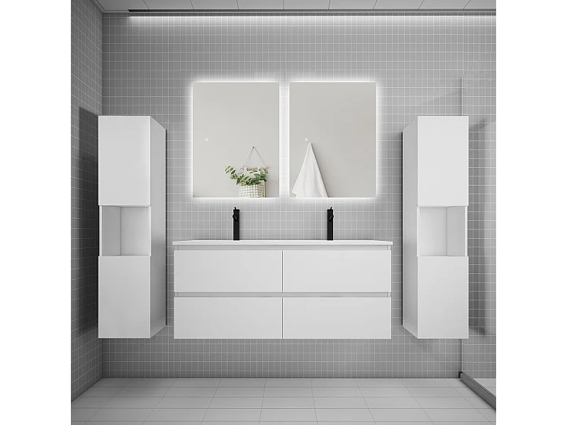 Ensemble meuble vasque L.120cm 2 tiroirs + lavabo + colonne + LED miroir 60cm,blanc