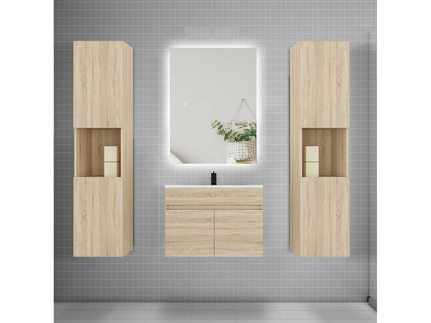 Ensemble meuble vasque L.60cm lavabo + colonne + LED miroir 60cm,chêne