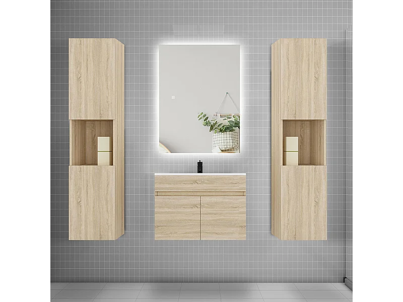Ensemble meuble vasque L.60cm lavabo + colonne + LED miroir 60cm,chêne