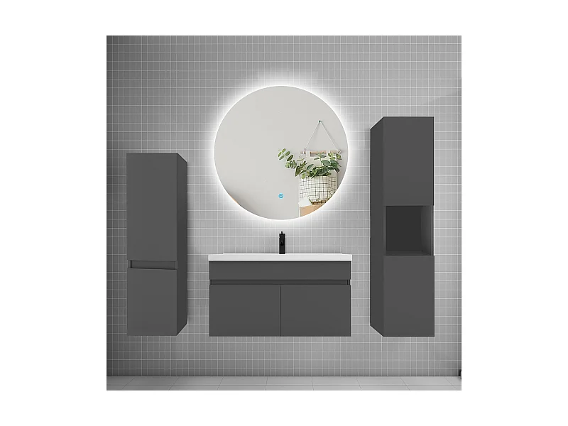 Ensemble meuble vasque L.80cm lavabo + colonne + miroir rond mural 80cm,anthracite