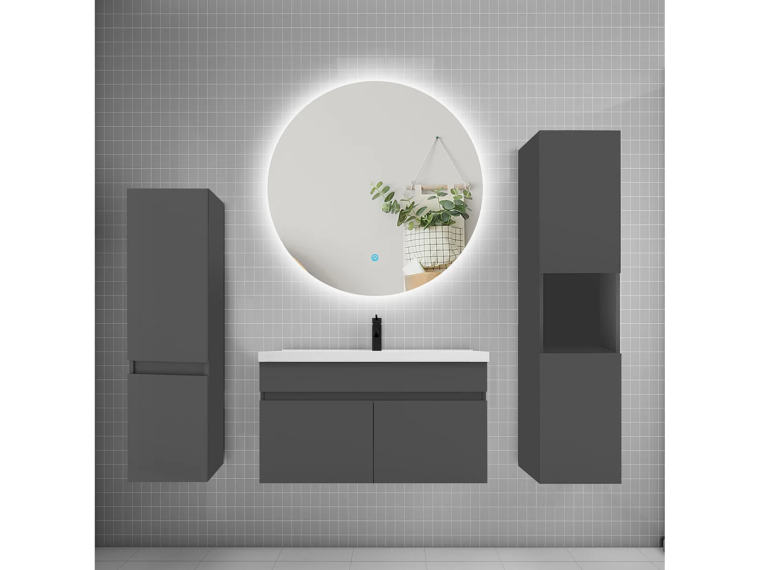 Ensemble meuble vasque L.80cm lavabo + colonne + miroir rond mural 80cm,anthracite