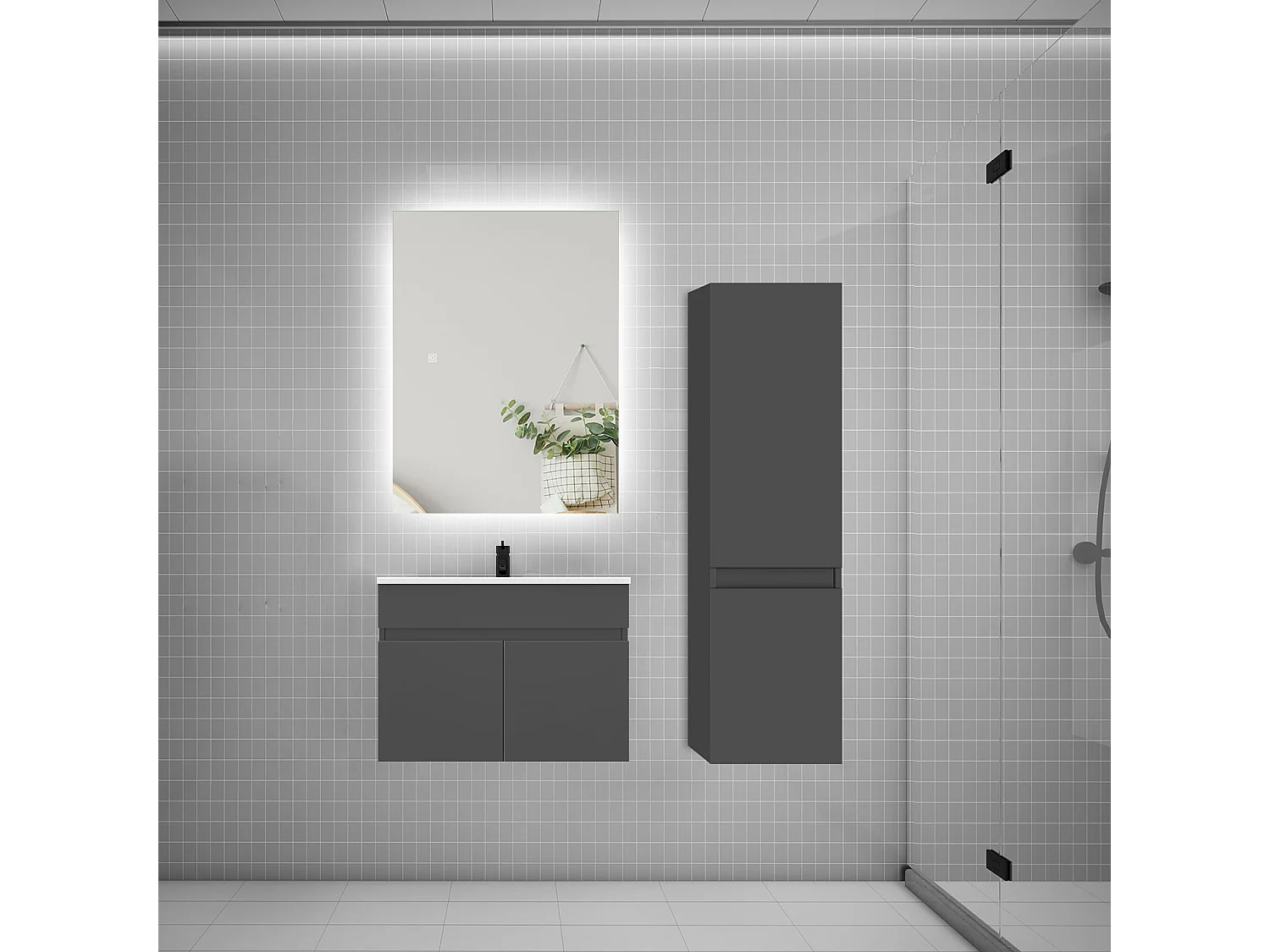 Ensemble meuble simple vasque 60cm lavabo + colonne + miroir,anthracite