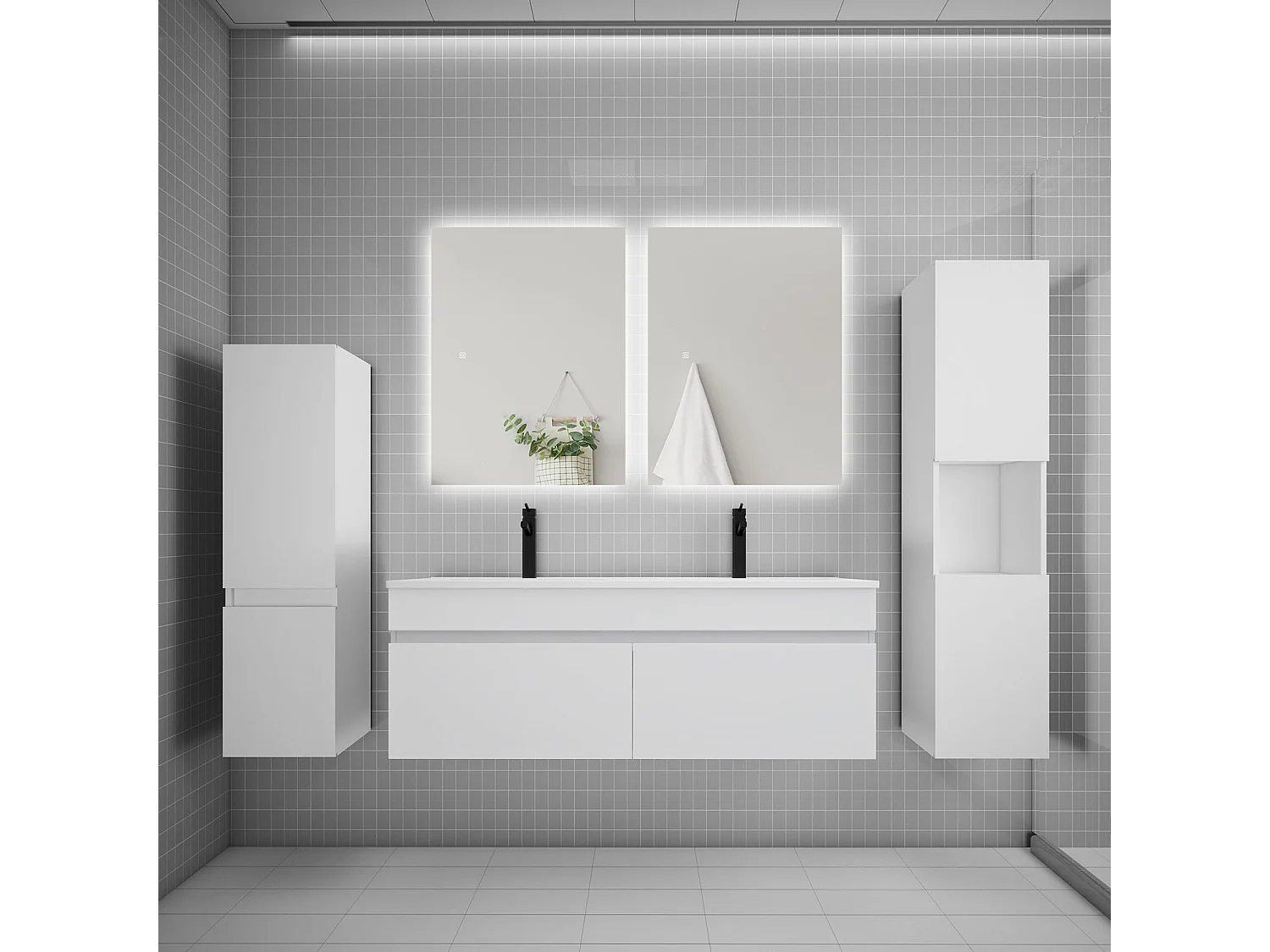 Ensemble meuble vasque L.120cm lavabo + colonne + miroir mural 60cm,blanc