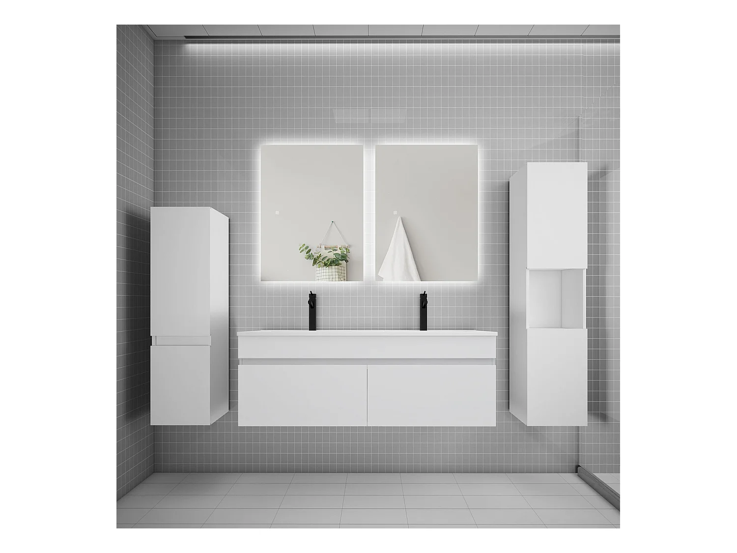 Ensemble meuble vasque L.120cm lavabo + colonne + miroir mural 60cm,blanc
