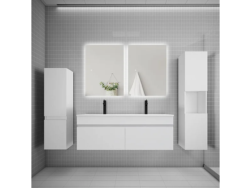 Ensemble meuble vasque L.120cm lavabo + colonne + miroir mural 60cm,blanc
