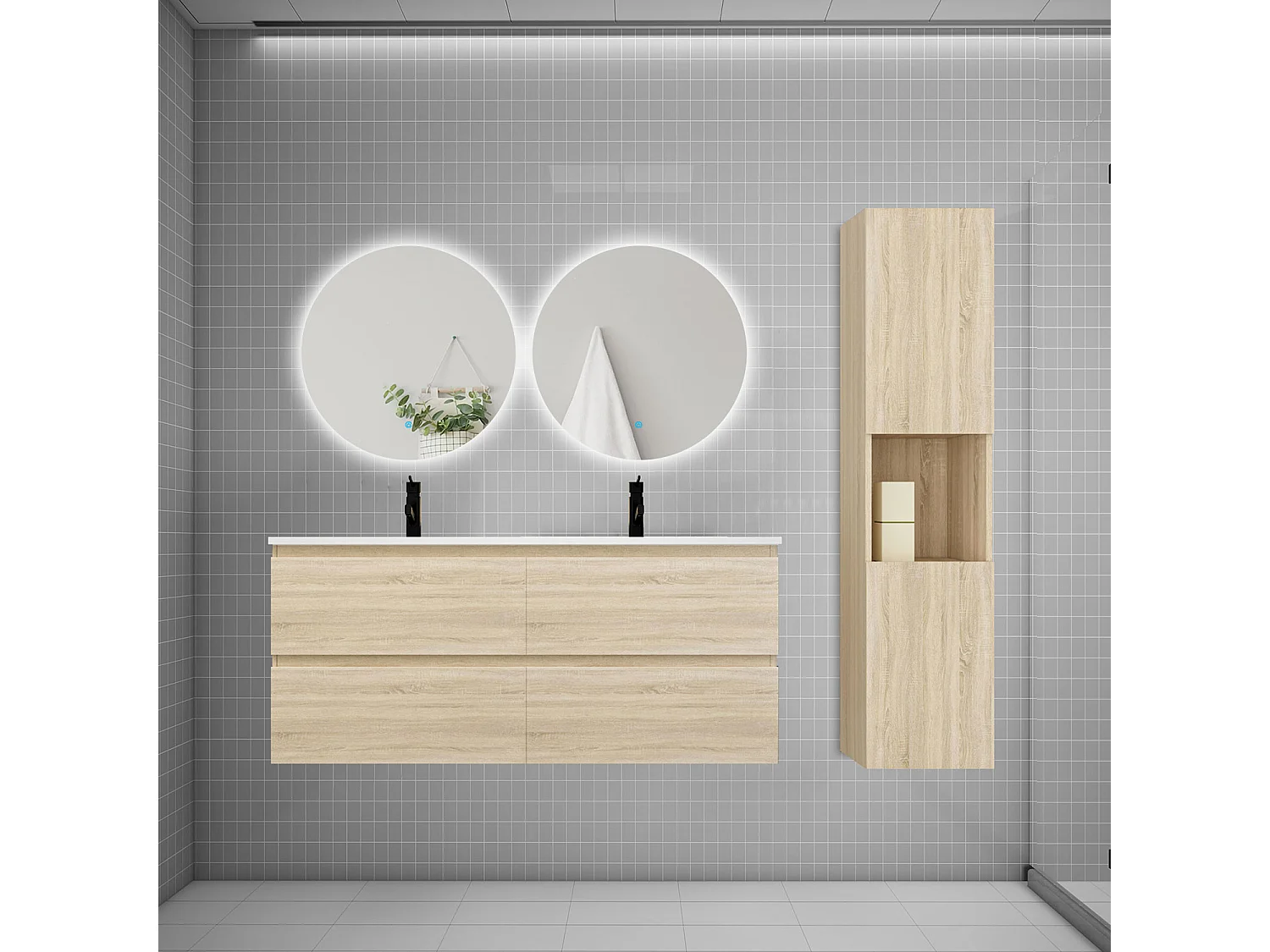 Ensemble meuble vasque 120cm 2 tiroirs + lavabo + colonne + miroir rond,chêne