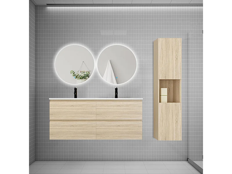 Ensemble meuble vasque 120cm 2 tiroirs + lavabo + colonne + miroir rond,chêne