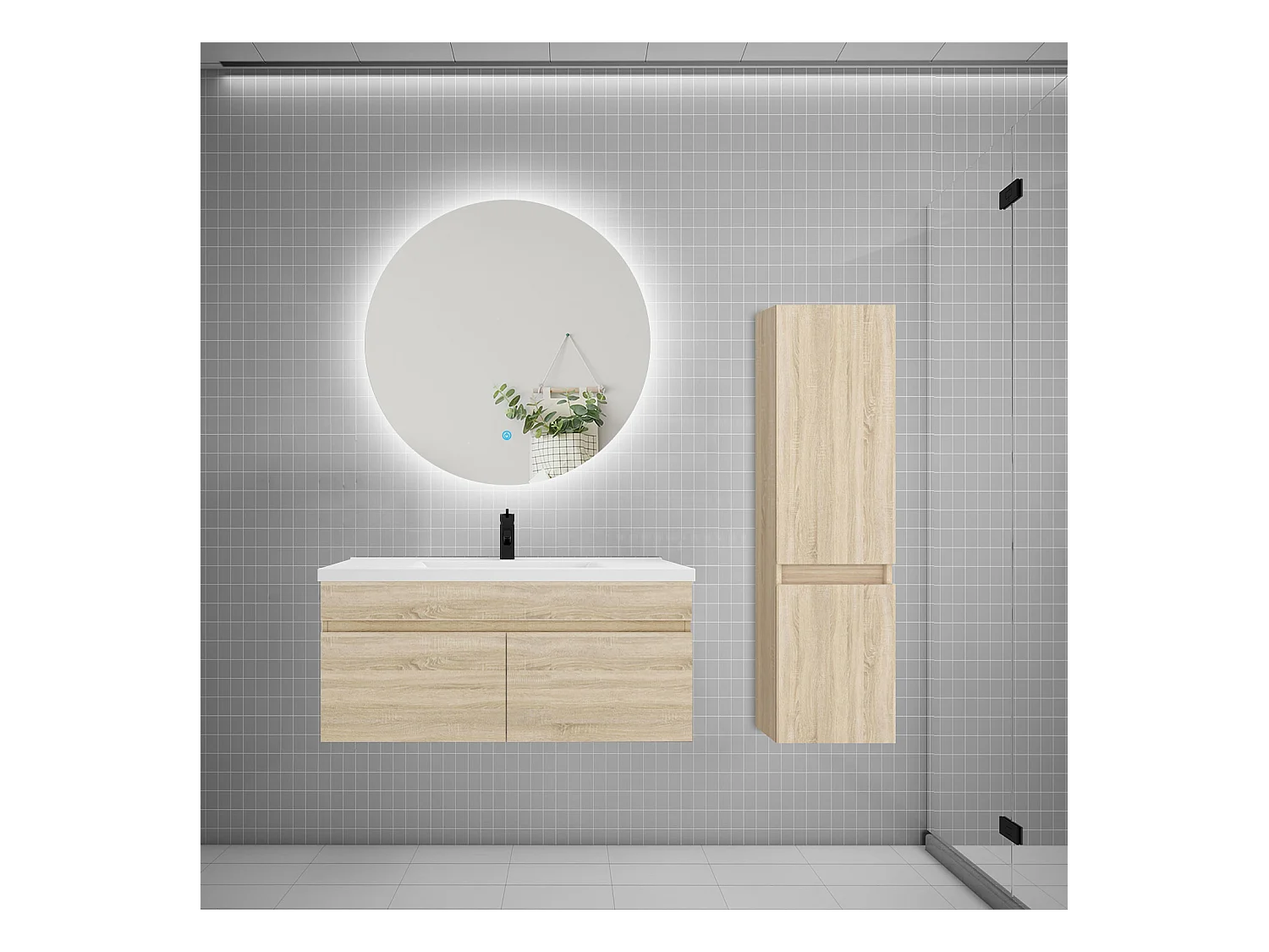 Ensemble meuble simple vasque 100cm lavabo + colonne + miroir rond,chêne