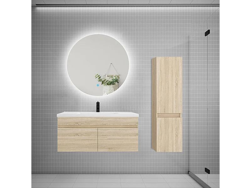 Ensemble meuble simple vasque 100cm lavabo + colonne + miroir rond,chêne