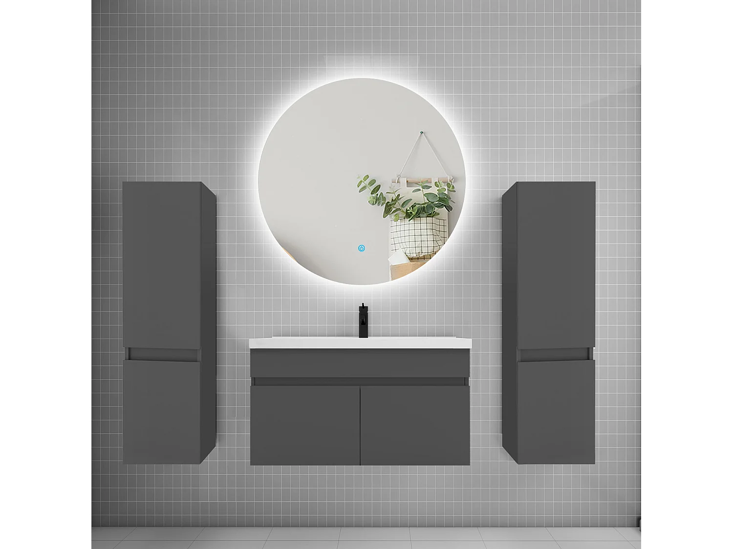 Ensemble meuble vasque L.80cm lavabo + colonne + miroir rond 80cm,anthracite