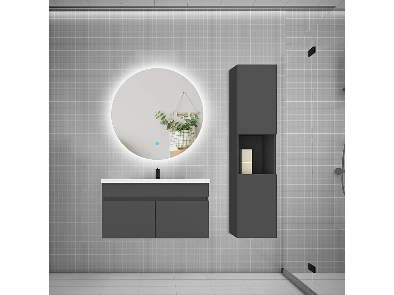 Ensemble meuble vasque 80cm lavabo + colonne + miroir rond,anthracite