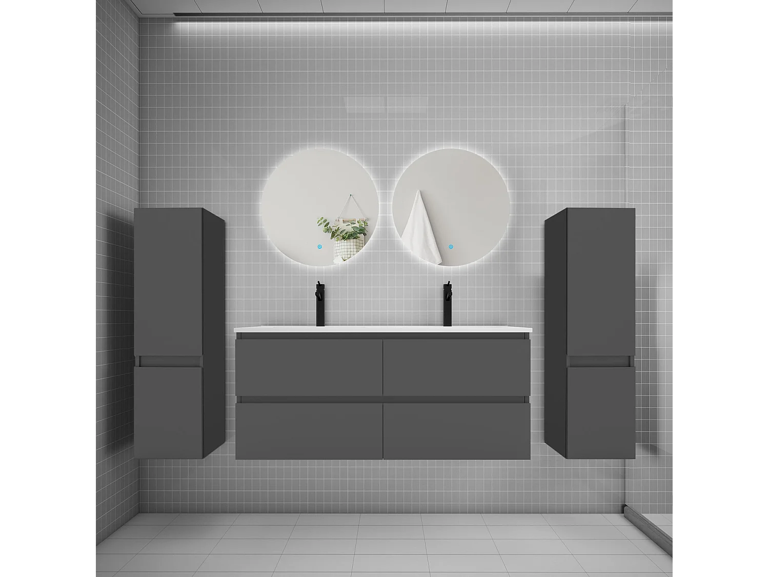 Ensemble meuble vasque L.120cm 2 tiroirs + lavabo + colonne + miroir rond 60cm,anthracite