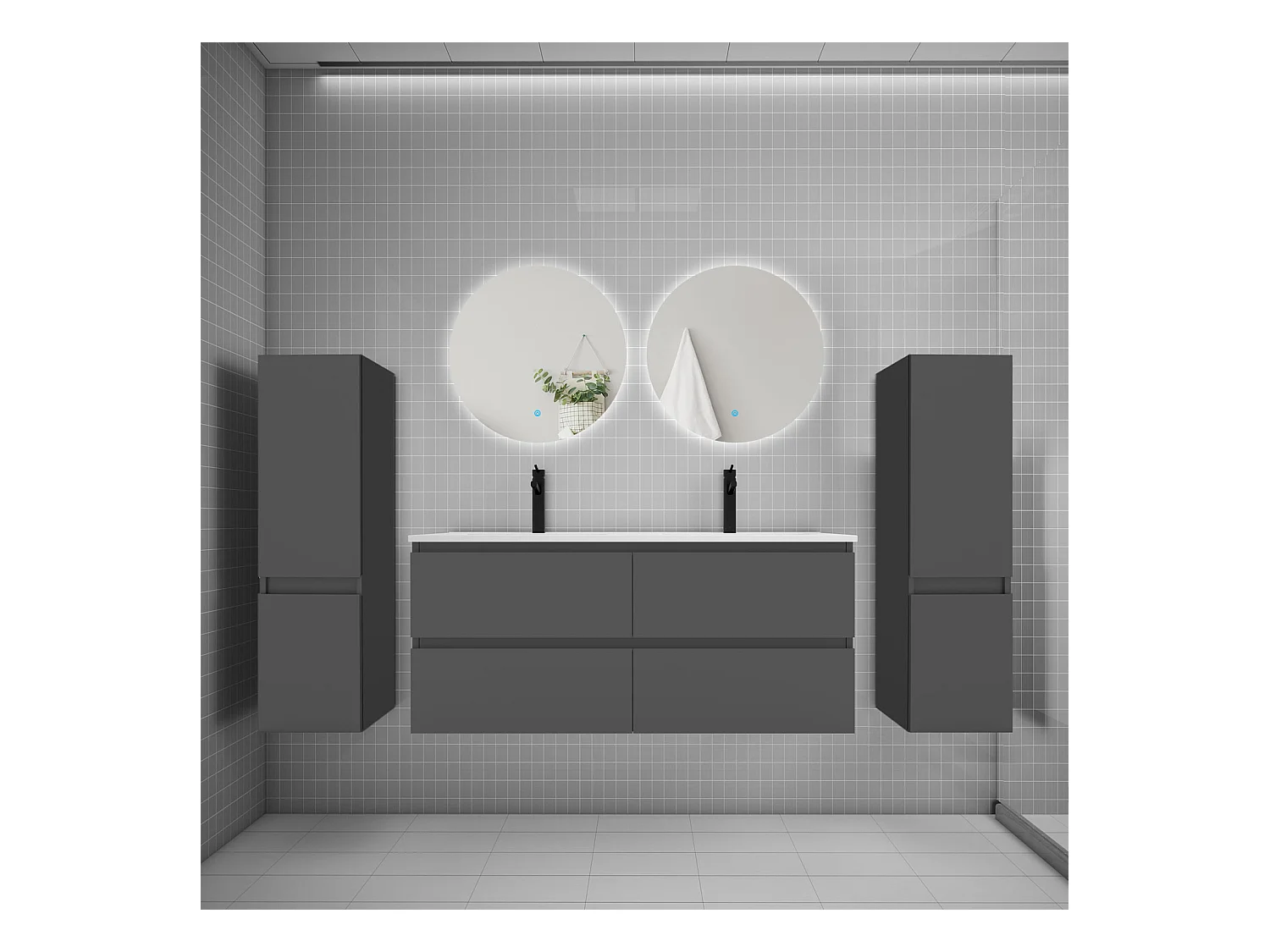 Ensemble meuble vasque L.120cm 2 tiroirs + lavabo + colonne + miroir rond 60cm,anthracite