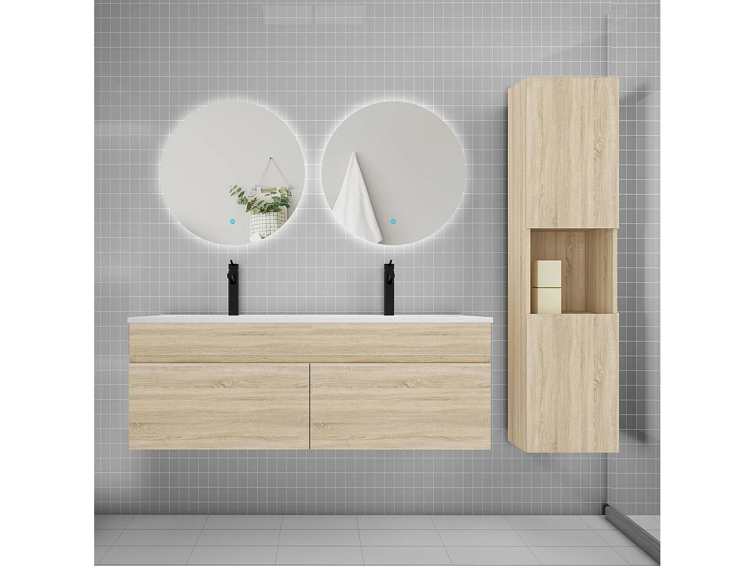 Ensemble meuble vasque 120cm lavabo + colonne + miroir rond,chêne