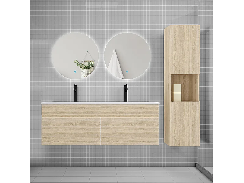 Ensemble meuble vasque 120cm lavabo + colonne + miroir rond,chêne