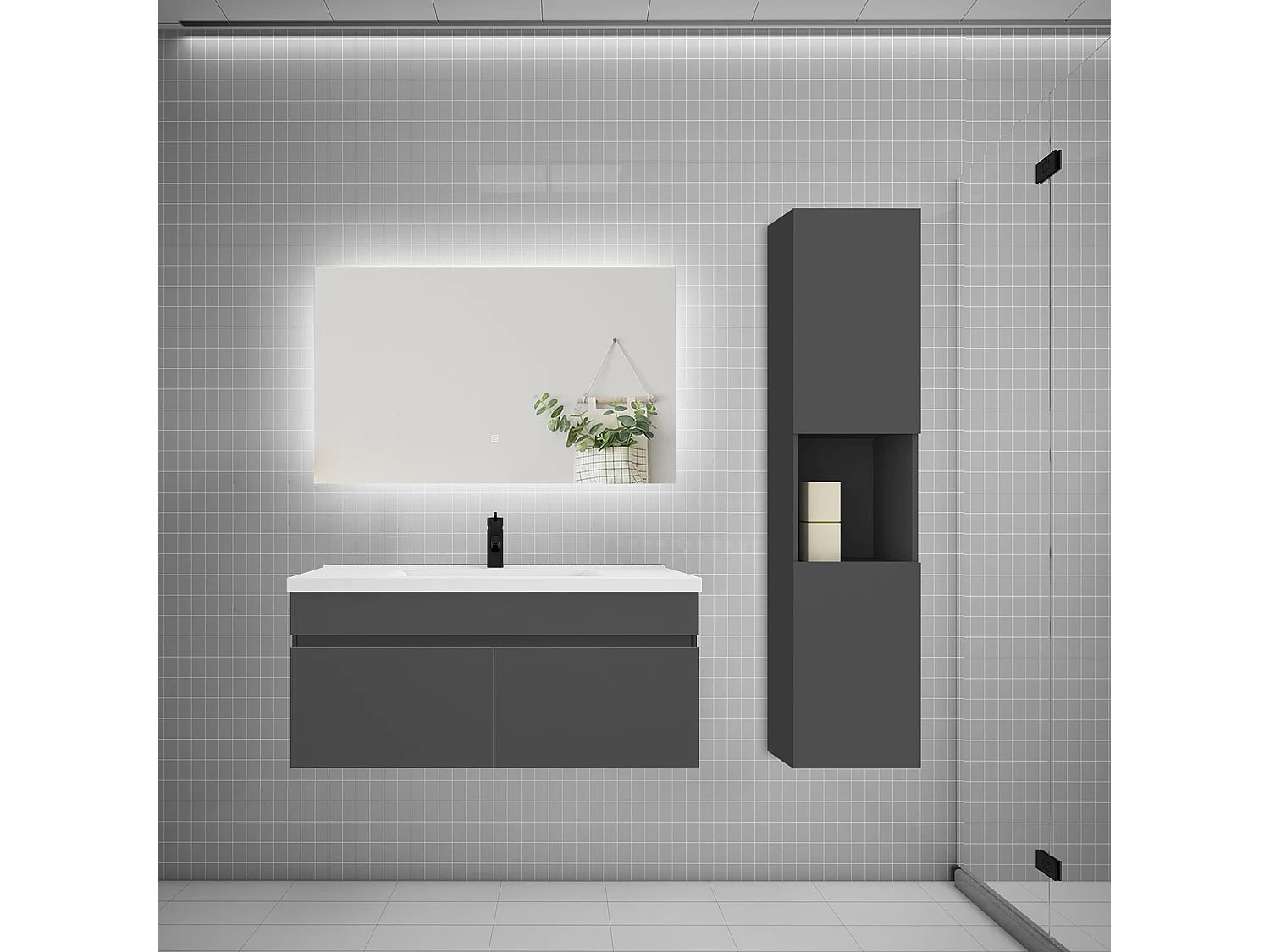 Ensemble meuble vasque 100cm lavabo + colonne + miroir,anthracite
