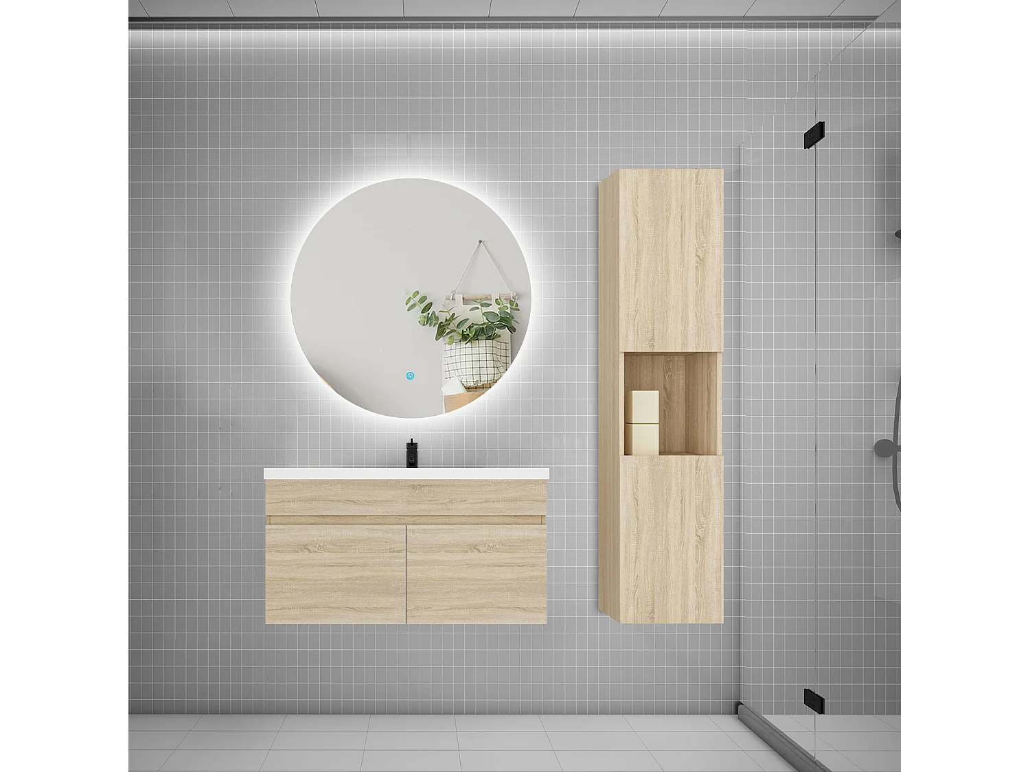 Ensemble meuble vasque 80cm lavabo + colonne + miroir rond,chêne