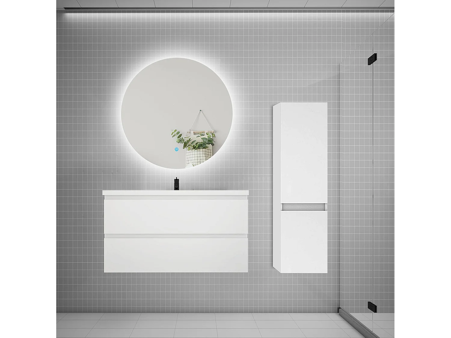 Ensemble meuble simple vasque 100cm 2 tiroirs + lavabo + colonne + miroir rond,blanc