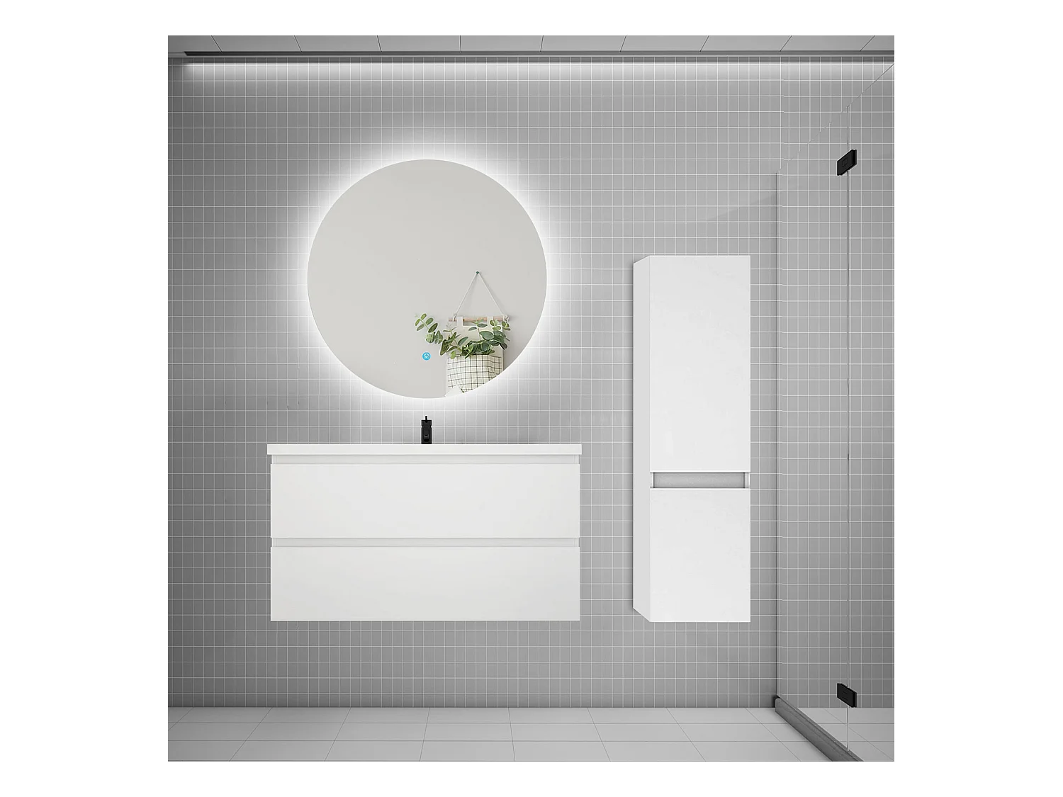 Ensemble meuble simple vasque 100cm 2 tiroirs + lavabo + colonne + miroir rond,blanc