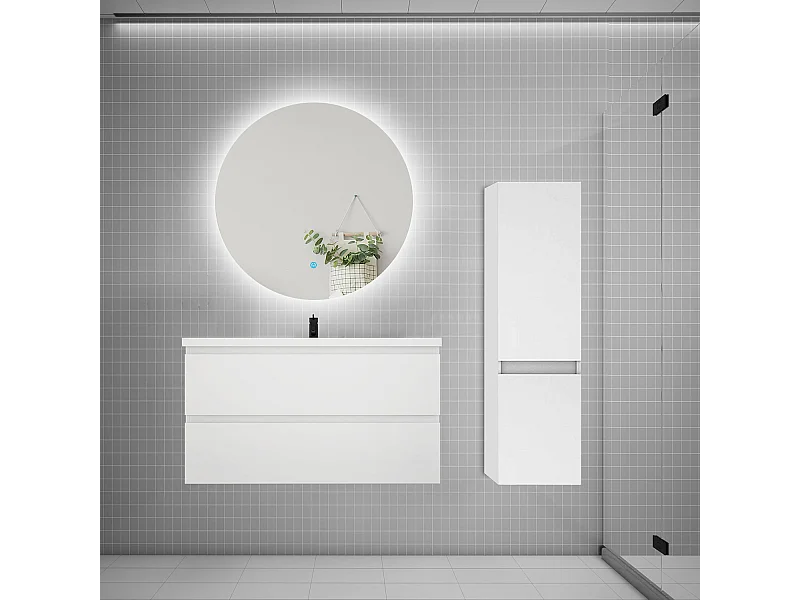 Ensemble meuble simple vasque 100cm 2 tiroirs + lavabo + colonne + miroir rond,blanc