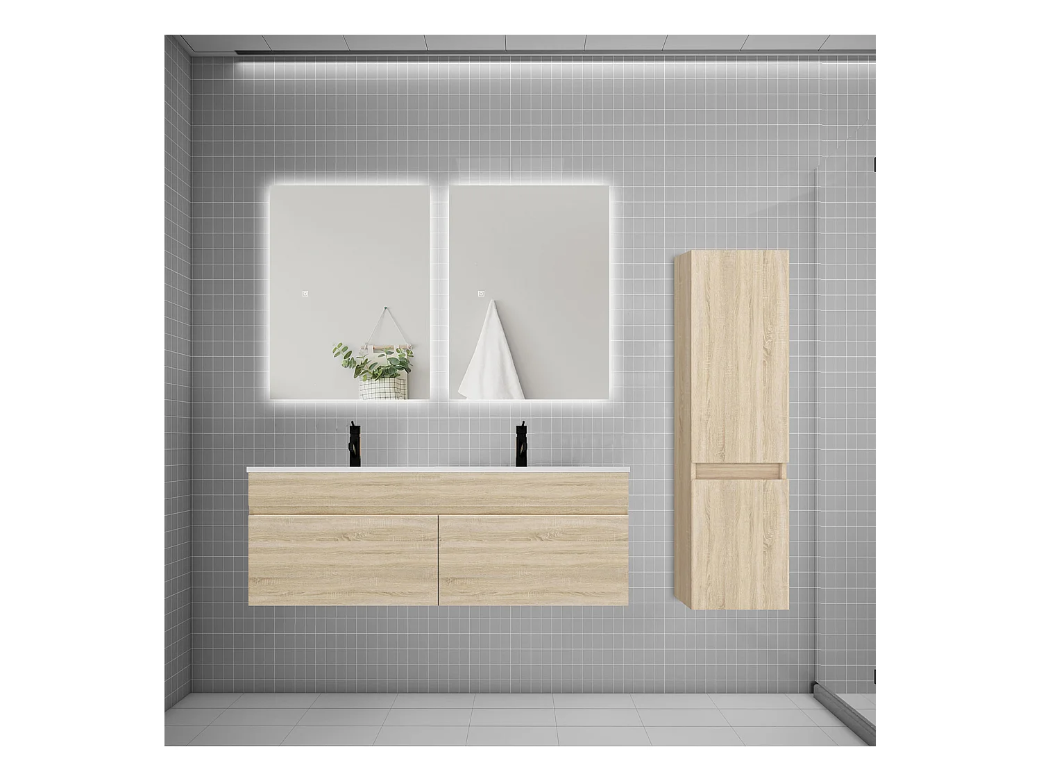 Ensemble meuble double vasque 120cm lavabo + colonne + miroir,chêne