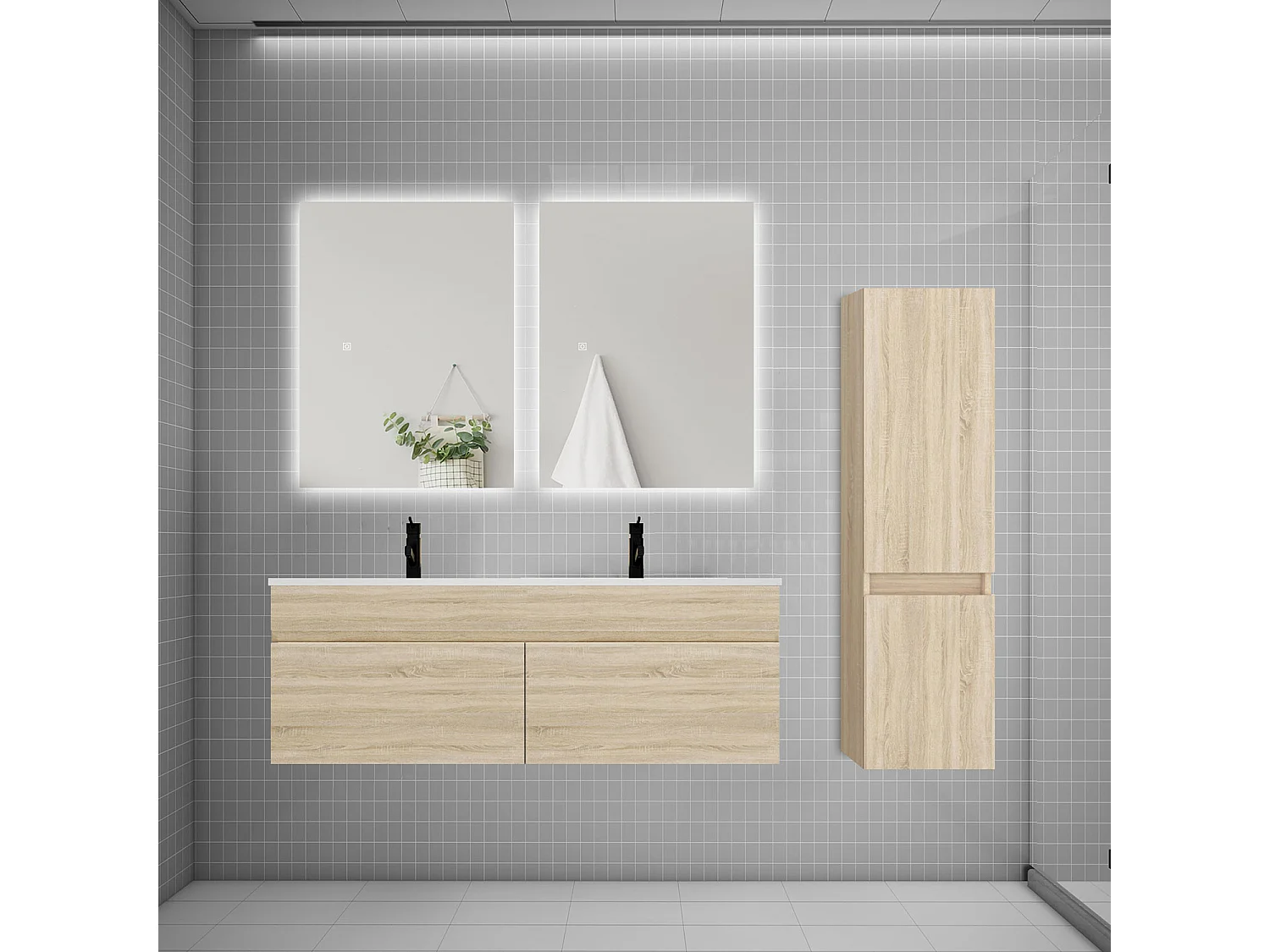Ensemble meuble double vasque 120cm lavabo + colonne + miroir,chêne