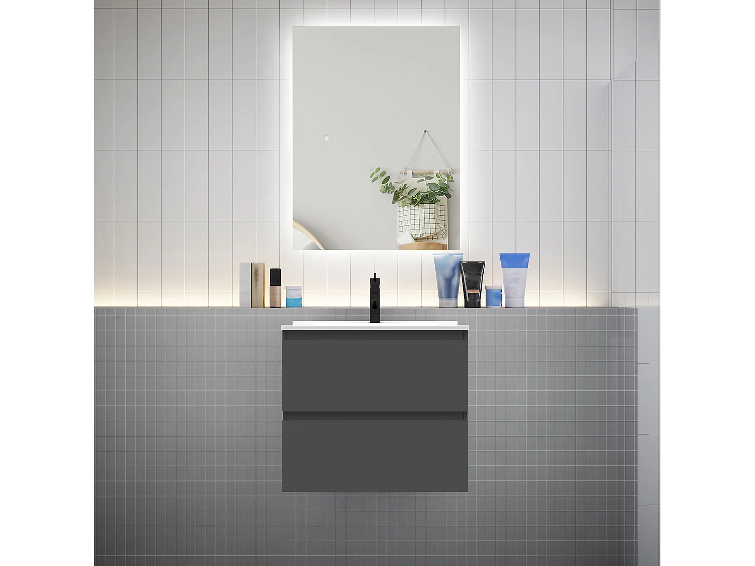 Ensemble meuble vasque L.60cm 2 tiroirs + lavabo + LED miroir 60cm,anthracite