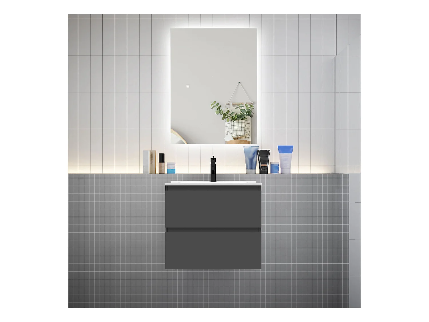 Ensemble meuble vasque L.60cm 2 tiroirs + lavabo + LED miroir 60cm,anthracite