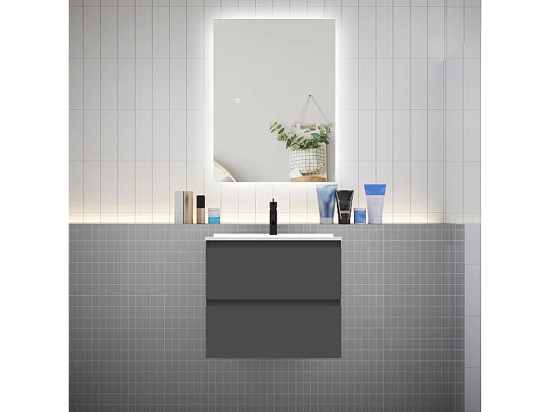 Ensemble meuble vasque L.60cm 2 tiroirs + lavabo + LED miroir 60cm,anthracite