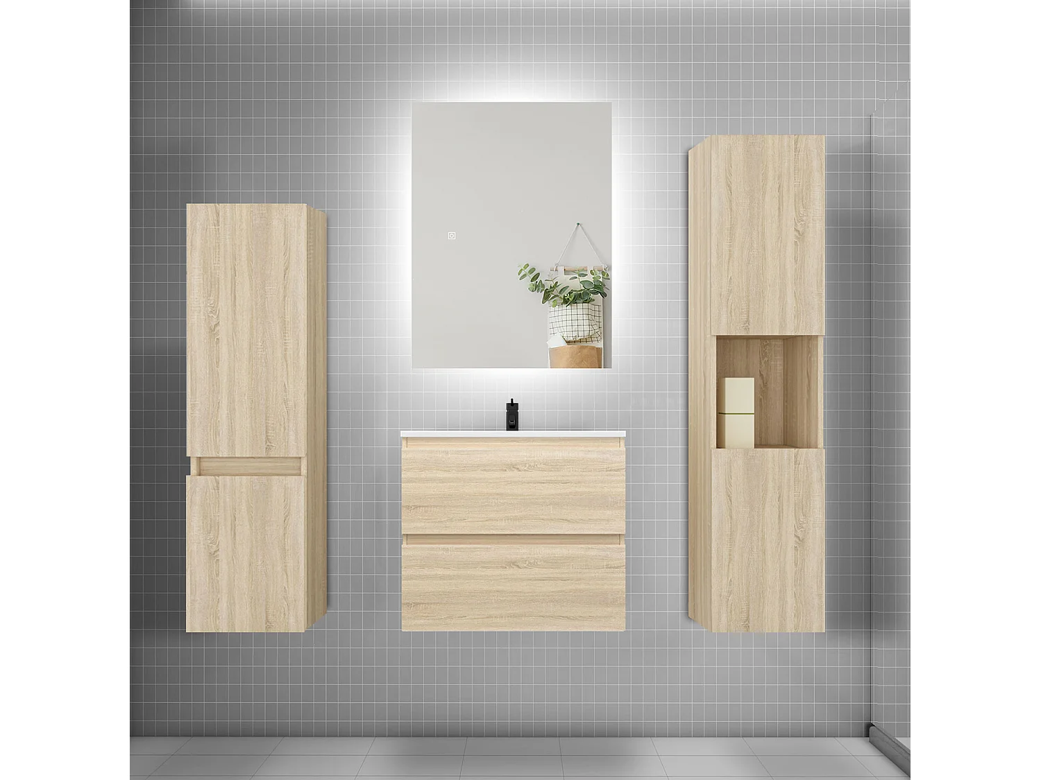 Ensemble meuble vasque L.60cm 2 tiroirs + lavabo + colonne + miroir mural 60cm,chêne