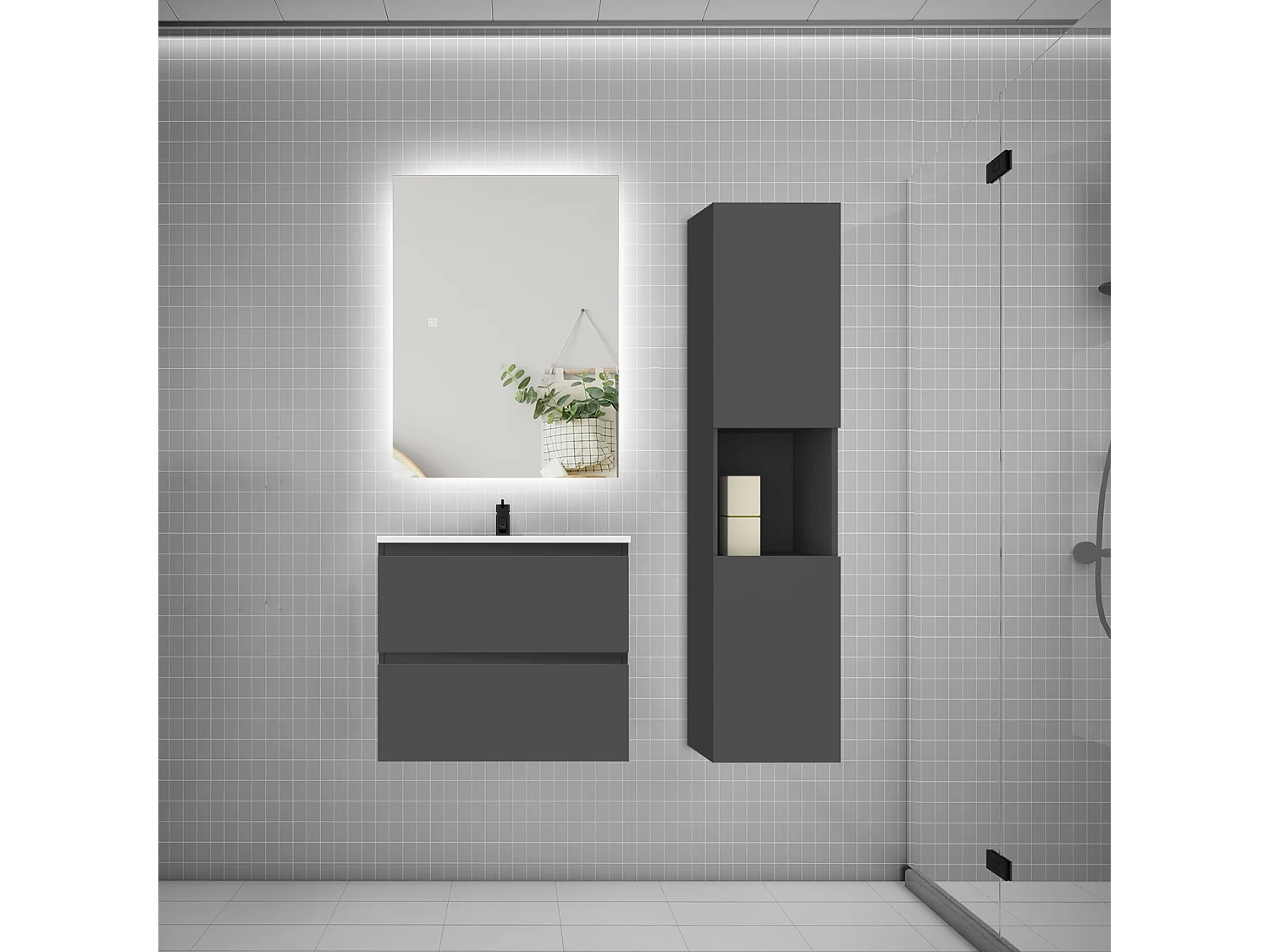 Ensemble meuble vasque 60cm 2 tiroirs + lavabo + colonne + miroir,anthracite