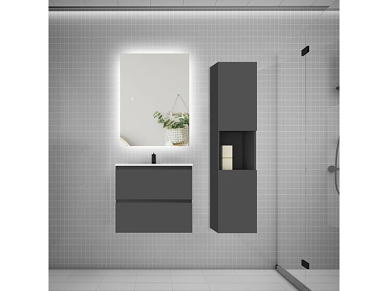 Ensemble meuble vasque 60cm 2 tiroirs + lavabo + colonne + miroir,anthracite