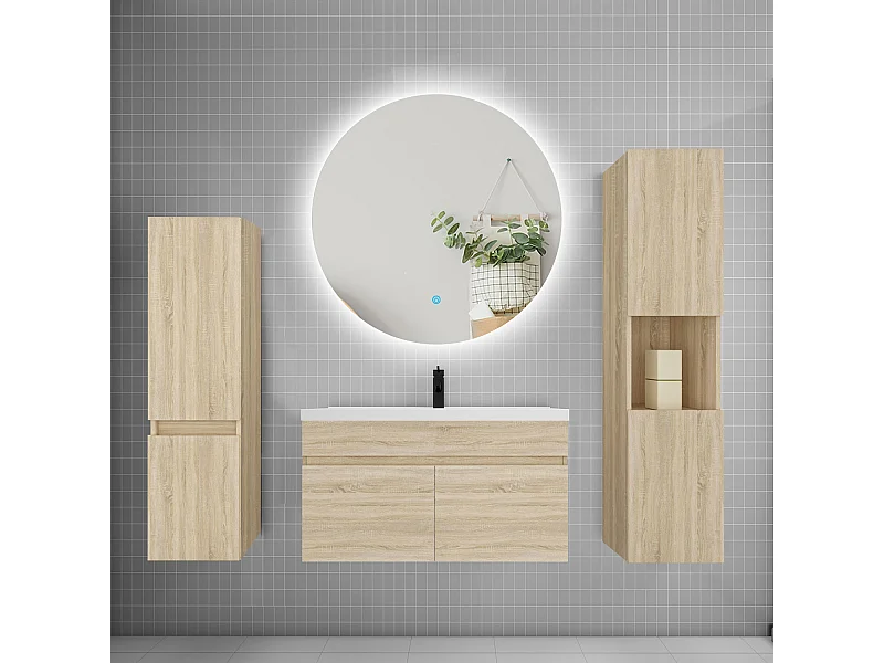 Ensemble meuble vasque L.80cm lavabo + colonne + miroir rond mural 80cm,chêne