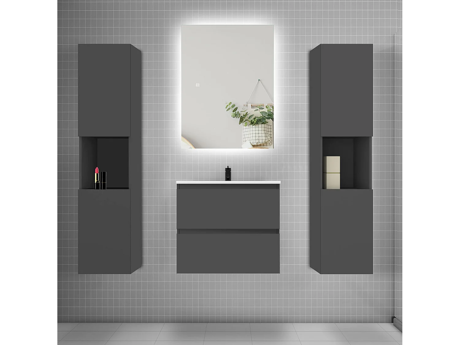 Ensemble meuble vasque L.60cm 2 tiroirs + lavabo + colonne + LED miroir 60cm,anthracite