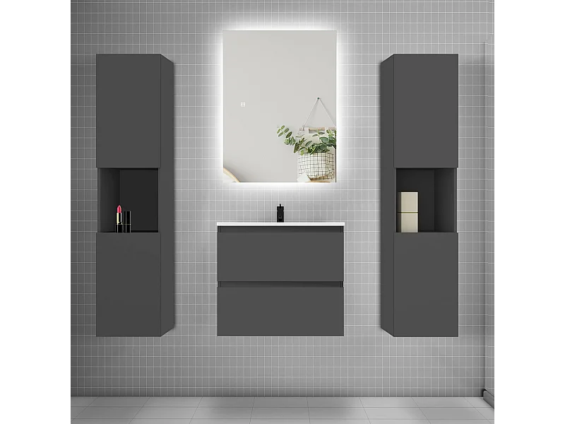 Ensemble meuble vasque L.60cm 2 tiroirs + lavabo + colonne + LED miroir 60cm,anthracite
