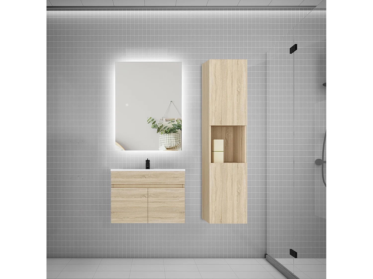 Ensemble meuble vasque 60cm lavabo + colonne + miroir,chêne