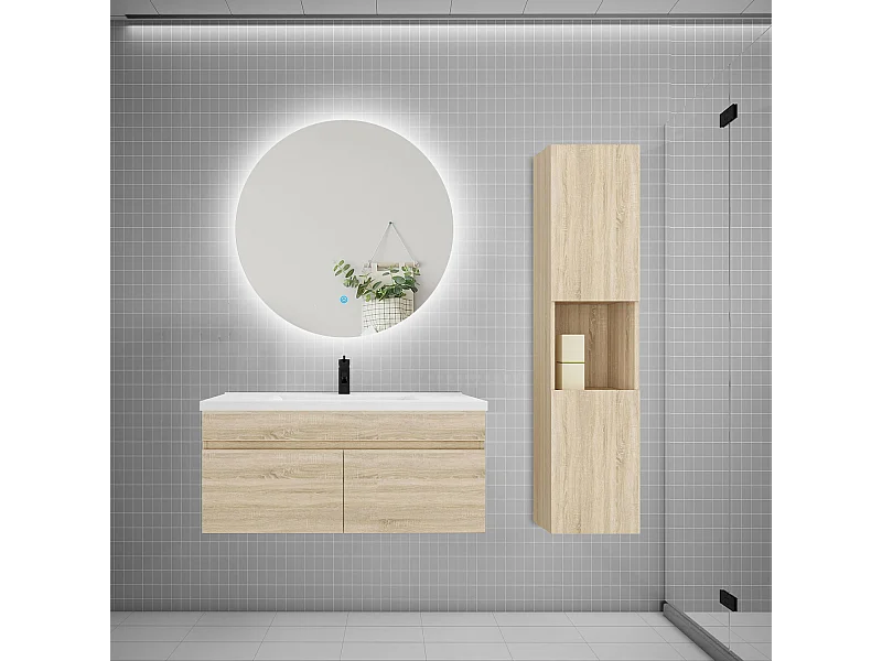 Ensemble meuble vasque 100cm lavabo + colonne + miroir rond,chêne
