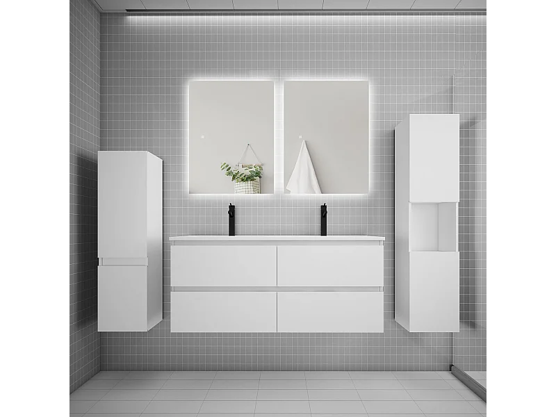Ensemble meuble vasque L.120cm 2 tiroirs + lavabo + colonne + miroir mural 60cm,blanc