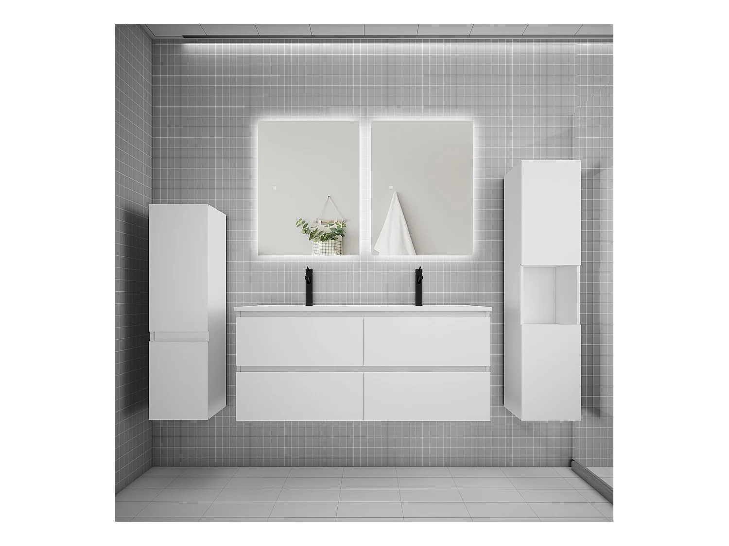 Ensemble meuble vasque L.120cm 2 tiroirs + lavabo + colonne + miroir mural 60cm,blanc